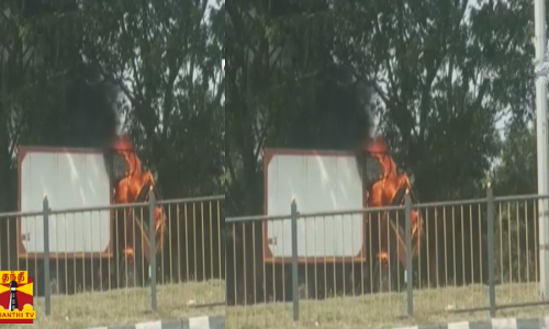 விழுப்புரம் அருகே தேசிய நெடுஞ்சாலையில் திடீரென தீப்பிடித்து எரிந்த லாரி