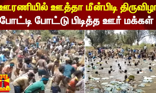 ஊரணியில் ஊத்தா மீன்பிடி திருவிழா - போட்டி போட்டு பிடித்த ஊர் மக்கள்