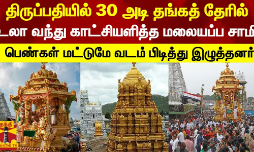 திருப்பதியில் 30 அடி தங்கத் தேரில் உலா வந்து காட்சியளித்த மலையப்ப சாமி - பெண்கள் மட்டுமே வடம் பிடித்து இழுத்தனர்