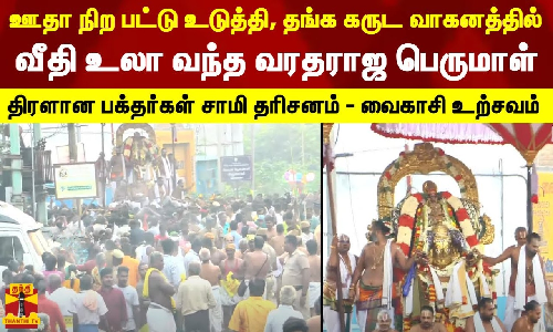 ஊதா நிற பட்டு உடுத்தி, தங்க கருட வாகனத்தில் வீதி உலா வந்த வரதராஜ பெருமாள்... பக்தர்கள் சாமி தரிசனம்