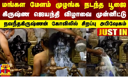 மங்களமேளம் முழங்க நடந்த பூஜை-கிருஷ்ணஜெயந்தி விழாவை முன்னிட்டு-நவநீதகிருஷ்ணன் கோவில் சிறப்பு அபிஷேகம்