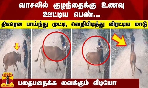 வாசலில் குழந்தைக்கு உணவு ஊட்டிய பெண்... பாய்ந்து முட்டி, விரட்டிய மாடு பதைபதைக்க வைக்கும் வீடியோ