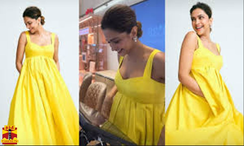 மஞ்சள் நிற கவுனில் பளபளக்கும் தீபிகா படுகோன் செப்டம்பரில் தாயாக போகும் நடிகை தீபிகா படுகோன்