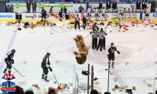 ஐஸ் ஹாக்கி போட்டி - மைதானத்தில் டெடி பியர் மழை ஐஸ் ஹாக்கி போட்டி - மைதானத்தில் டெடி பியர் மழை
