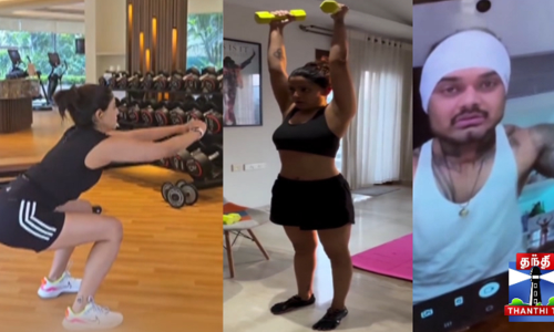 நடிகை வரலட்சுமிக்கு ஒர்க்-அவுட் சொல்லிக் கொடுக்கும் கணவர்