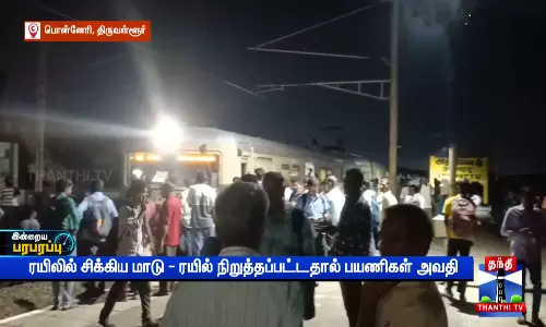 ரயிலில் சிக்கிய மாடு - ரயில் நிறுத்தப்பட்டதால் பயணிகள் அவதி