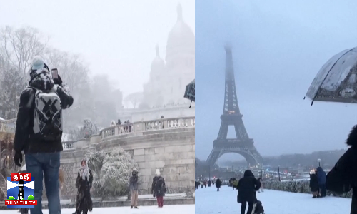 பாரிஸ் நகரில் கொட்டும் பணி - மக்கள் குதூகலம் || ஈபிள் டவரை சூழ்ந்த வெண்பனி - ரம்மியமான காட்சி