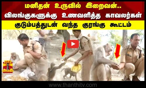 மனிதன் உருவில் இறைவன்.. விலங்குகளுக்கு உணவளித்த காவலர்கள் குடும்பத்துடன் வந்த குரங்கு கூட்டம்
