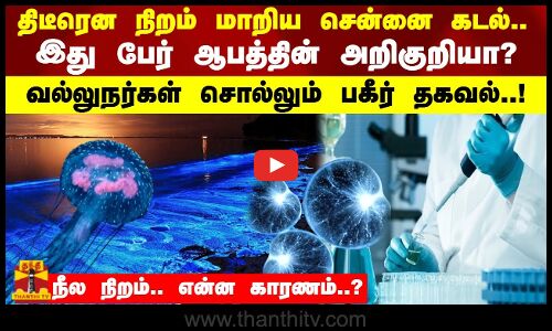 திடீரென நிறம் மாறிய சென்னை கடல்..இது பேர் ஆபத்தின் அறிகுறியா? நீல நிறம் காரணம் என்ன..?