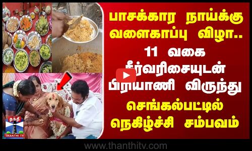 பாசக்கார நாய்க்கு வளைகாப்பு விழா.. 11 வகை சீர்வரிசையுடன் பிரியாணி விருந்து