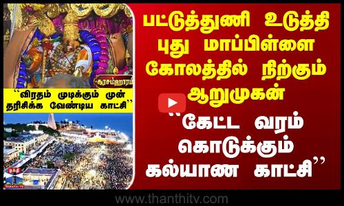 Soorasamharam | பட்டுத்துணி உடுத்தி புது மாப்பிள்ளை கோலத்தில் ஆறுமுருகன் - தரிசிக்க வேண்டிய காட்சி..