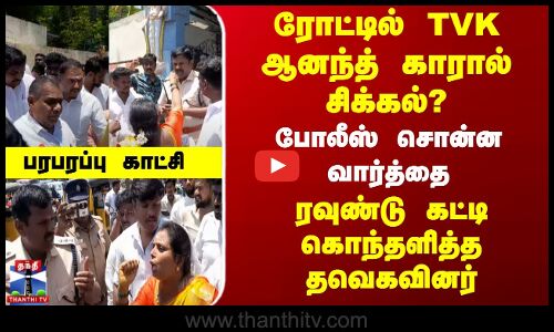 சாலையில் நிறுத்தப்பட்ட ஆனந்த் கார்- போலீசாருடன் தவெகவினர் வாக்குவாதம்