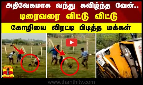 அதிவேகமாக வந்து கவிழ்ந்த வேன்.. டிரைவரை விட்டு விட்டு கோழியை விரட்டி பிடித்த மக்கள்