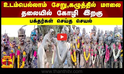 உடம்பெல்லாம் சேறு...கழுத்தில் மாலை...தலையில் கோழி இறகு...பக்தர்கள் செய்த செயல்