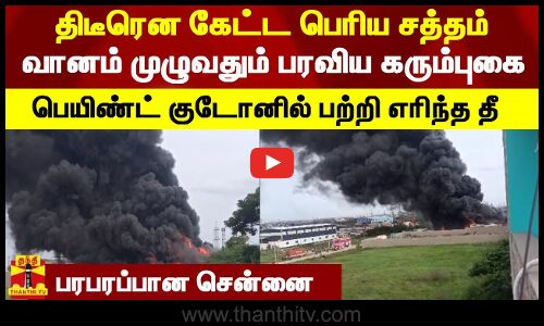 திடீரென கேட்ட பெரிய சத்தம்.. வானம் முழுவதும் பரவிய கரும்புகை.. பெயிண்ட் குடோனில் பற்றி எரிந்த தீ.