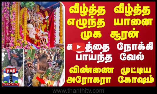 வீழ்த்த வீழ்த்த எழுந்த யானை முக சூரன்.. கழுத்தை நோக்கி பாய்ந்த வேல் - விண்ணை முட்டிய அரோகரா கோஷம்