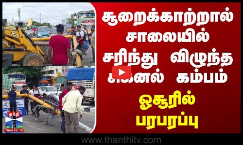சூறைக்காற்றால் சாலையில் சரிந்து விழுந்த சிக்னல் கம்பம் - ஓசூரில் பரபரப்பு