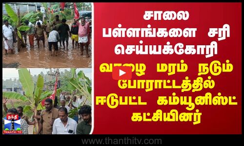 protest | theni | சாலை பள்ளங்களை சரி செய்யக்கோரி..  போராட்டத்தில் ஈடுபட்ட கம்யூனிஸ்ட் கட்சியினர்